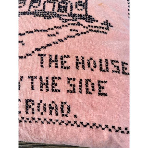 Vintage 1930s Feather Pillow Cross Stitched "the House by the Side Of the Road" - Picture 10 of 14
